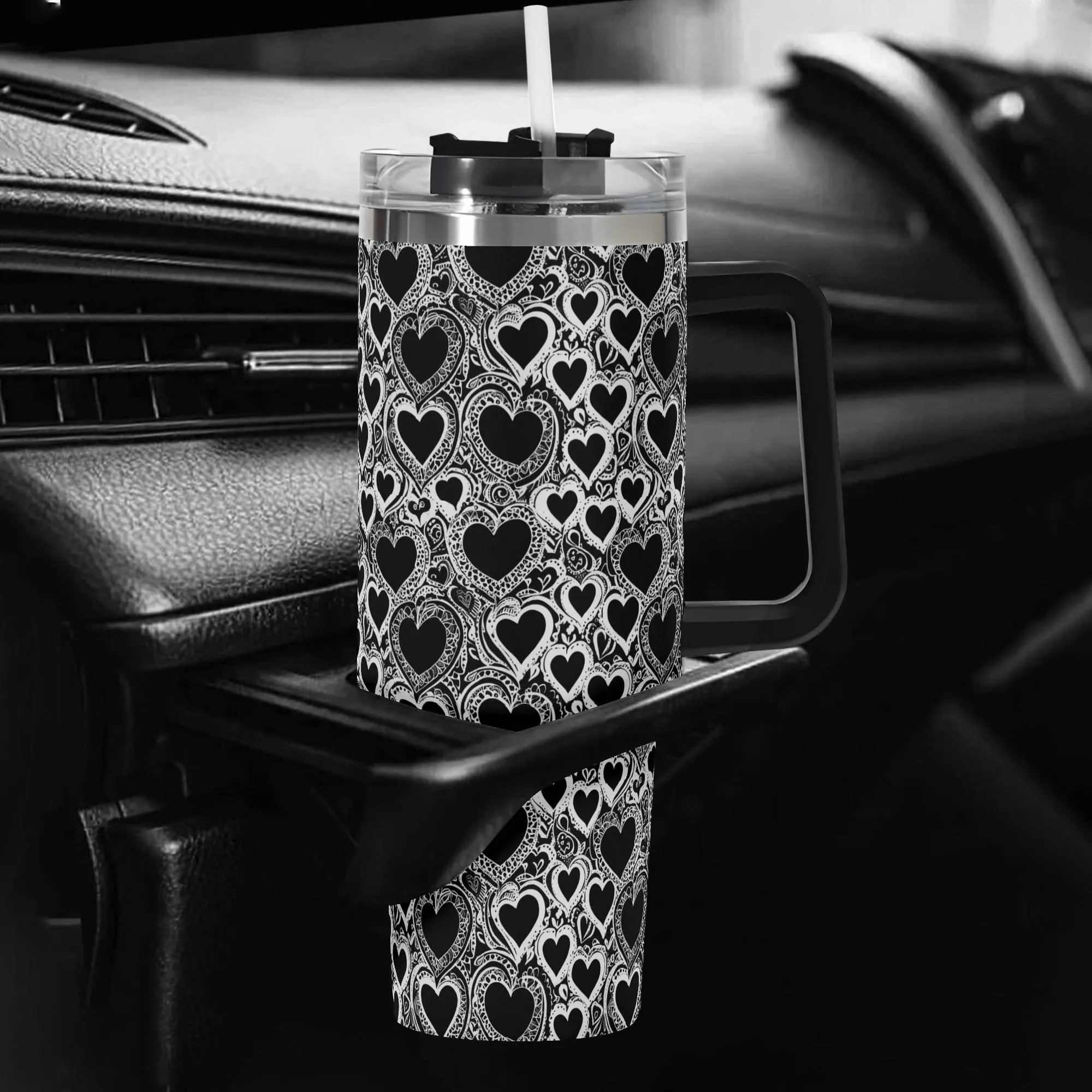 Black and White Groovy Hearts 40oz Stainless Steel Tumbler Gift With Black Handle and Straw