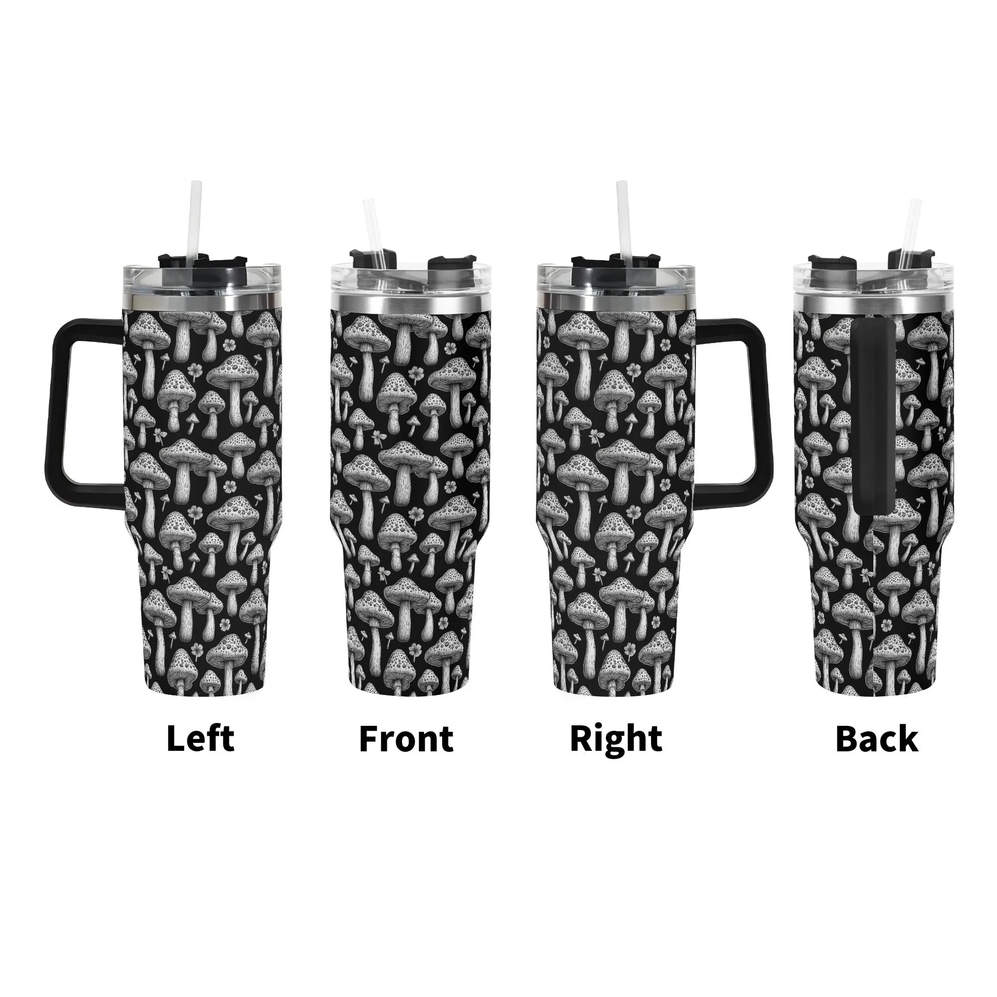 Black and White Mushrooms 40oz Stainless Steel Tumbler Gift With Black Handle and Straw