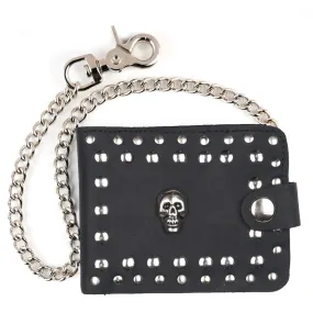 Black Leather Bi-Fold Wallet w/ Silver Flat Studs, Skull Stud and Chain