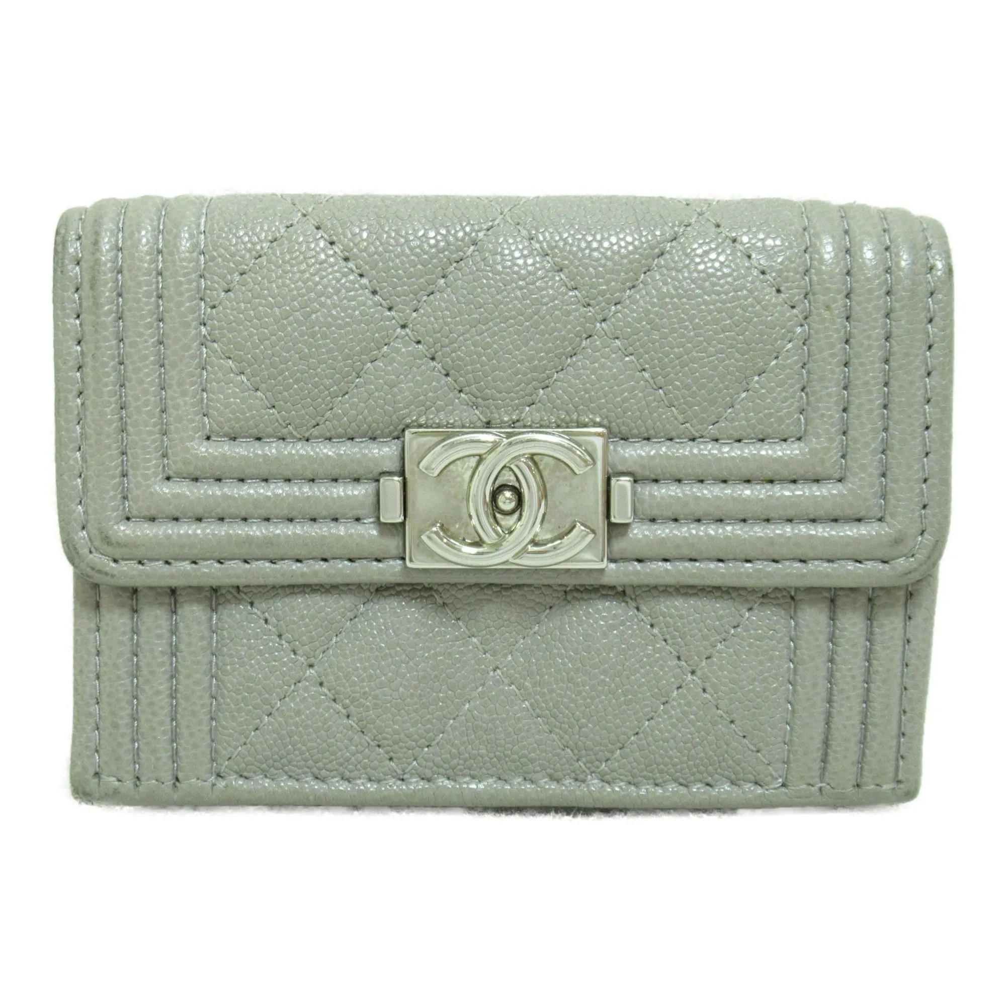 CHANEL BOY  tri-fold wallet Gray Caviar Skin [Grained Calf]