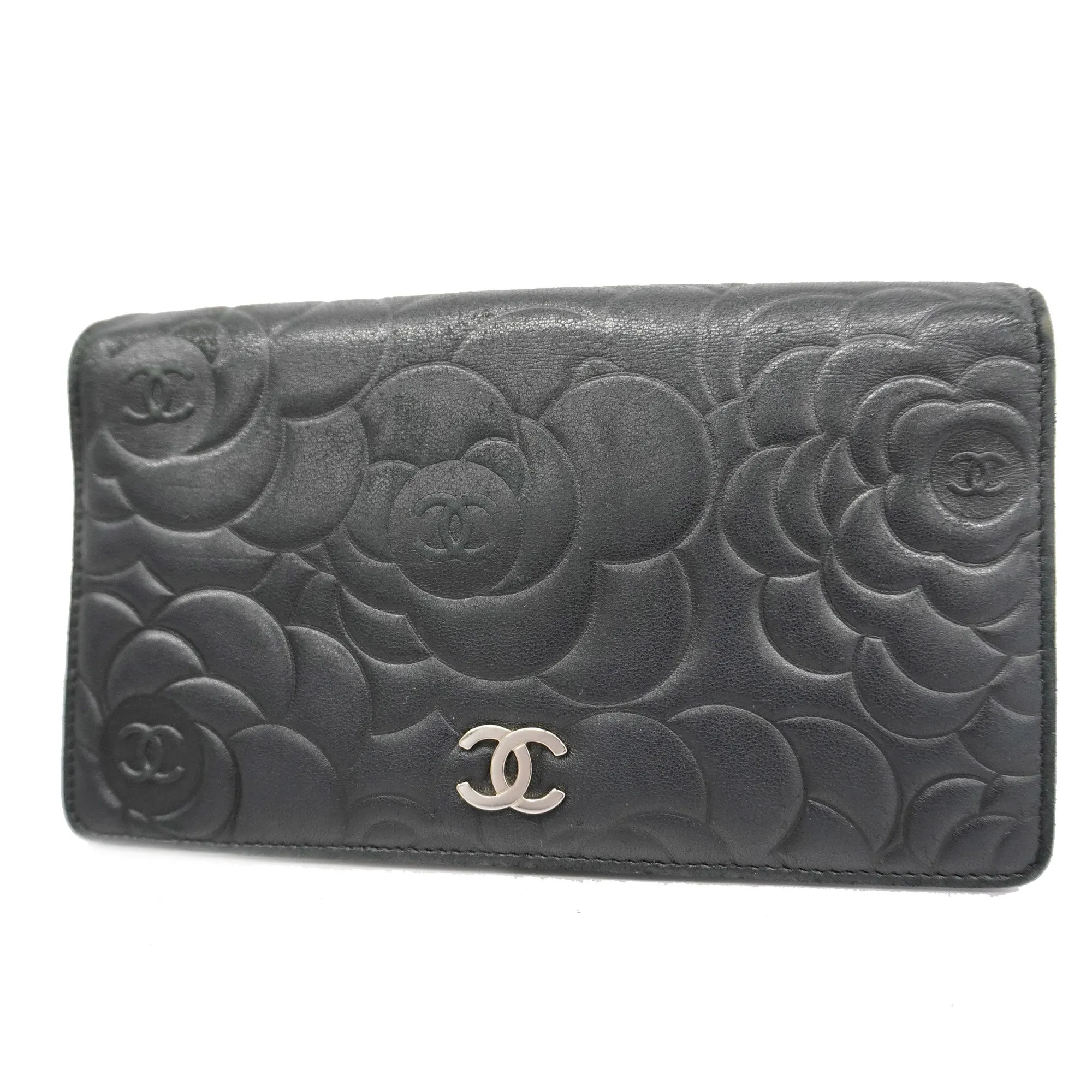 CHANEL   Camellia Bi-fold Long Wallet With Silver Metal Women's Lambskin