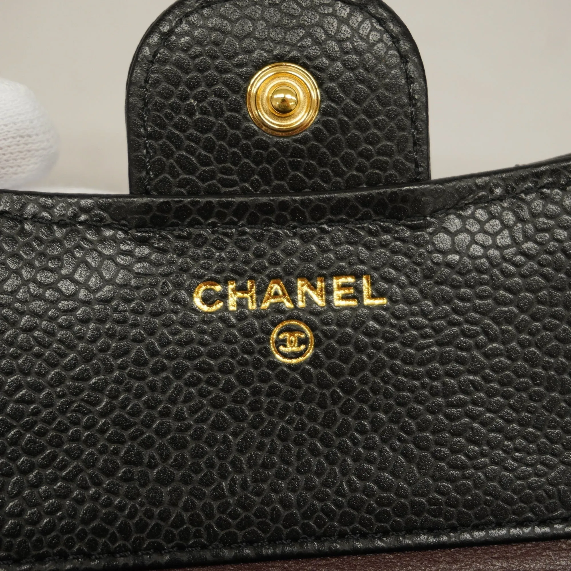 CHANEL   Matelasse Tri-fold Wallet Gold Metal Fittings Women's Caviar Leather