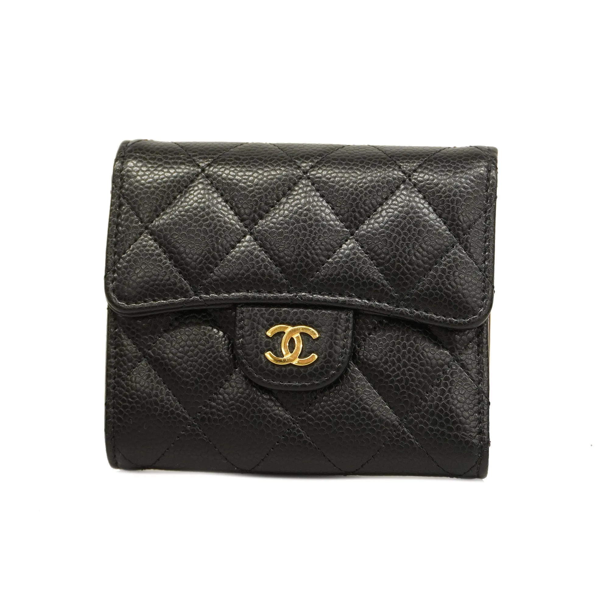 CHANEL   Matelasse Tri-fold Wallet Gold Metal Fittings Women's Caviar Leather