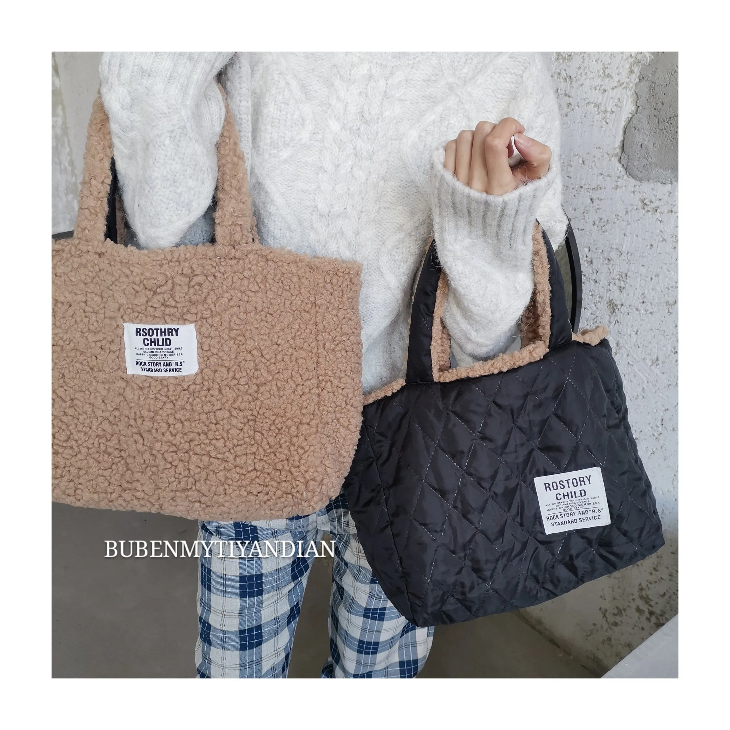Christmas Gift Warm Double Sided Tote Women Shoulder Bag Designer Lambswool Handbag Large Capacity Shopper Bags for Women 2021 Winter Purse New