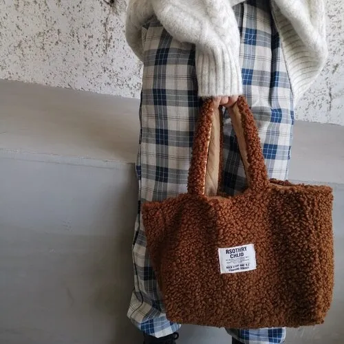 Christmas Gift Warm Double Sided Tote Women Shoulder Bag Designer Lambswool Handbag Large Capacity Shopper Bags for Women 2021 Winter Purse New