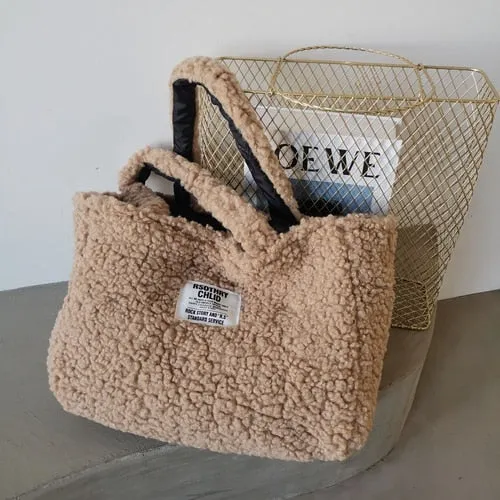 Christmas Gift Warm Double Sided Tote Women Shoulder Bag Designer Lambswool Handbag Large Capacity Shopper Bags for Women 2021 Winter Purse New