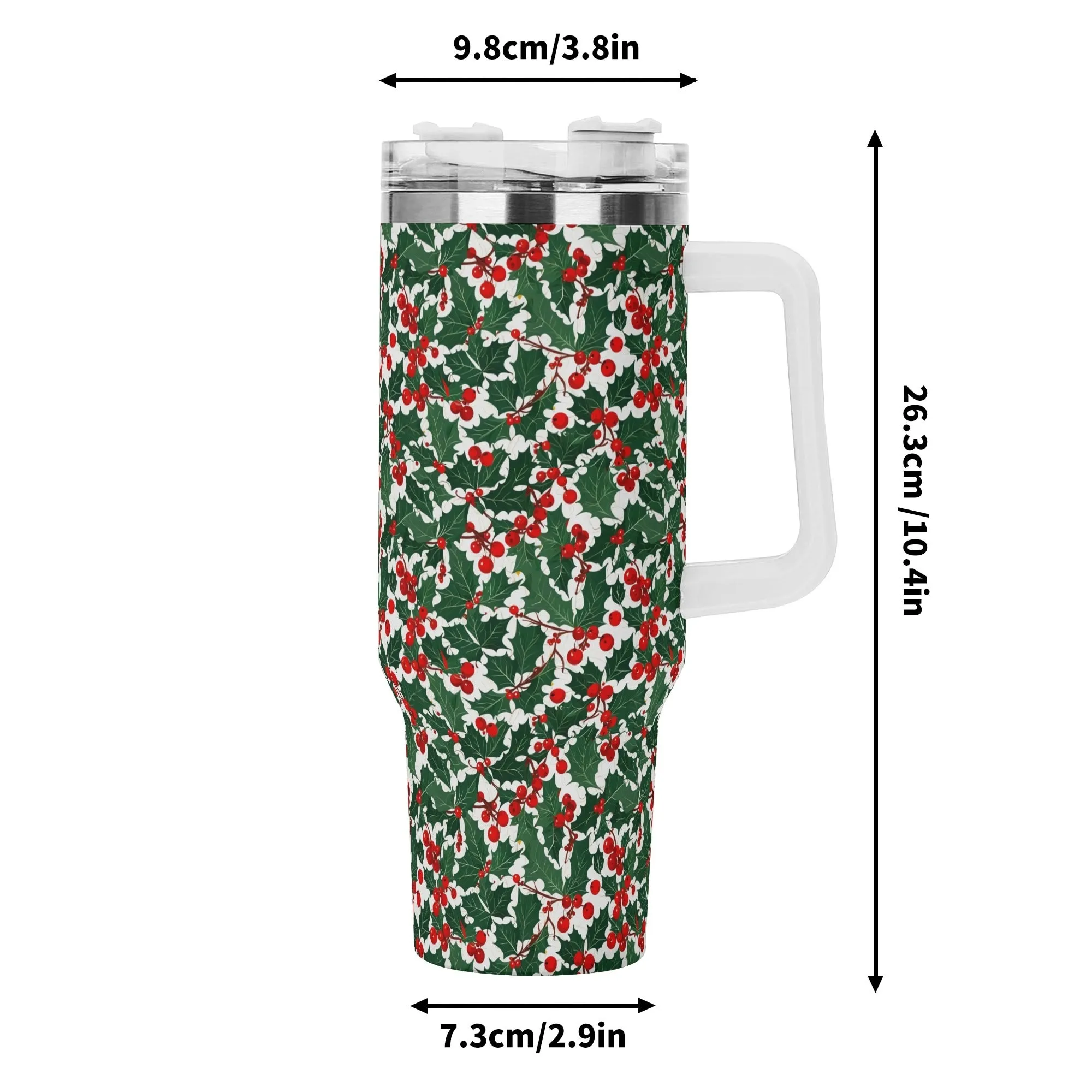 Christmas Holly 40oz Stainless Steel Tumbler Gift With White Handle and Straw