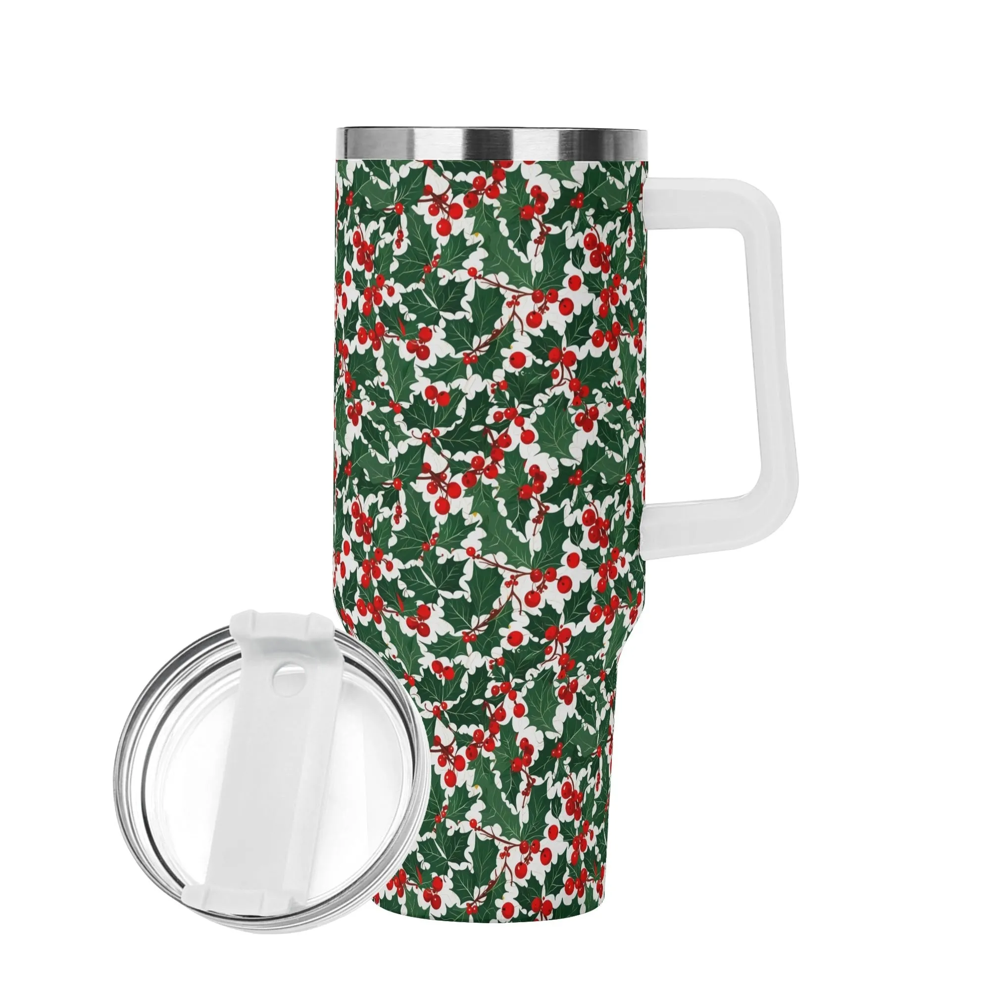 Christmas Holly 40oz Stainless Steel Tumbler Gift With White Handle and Straw