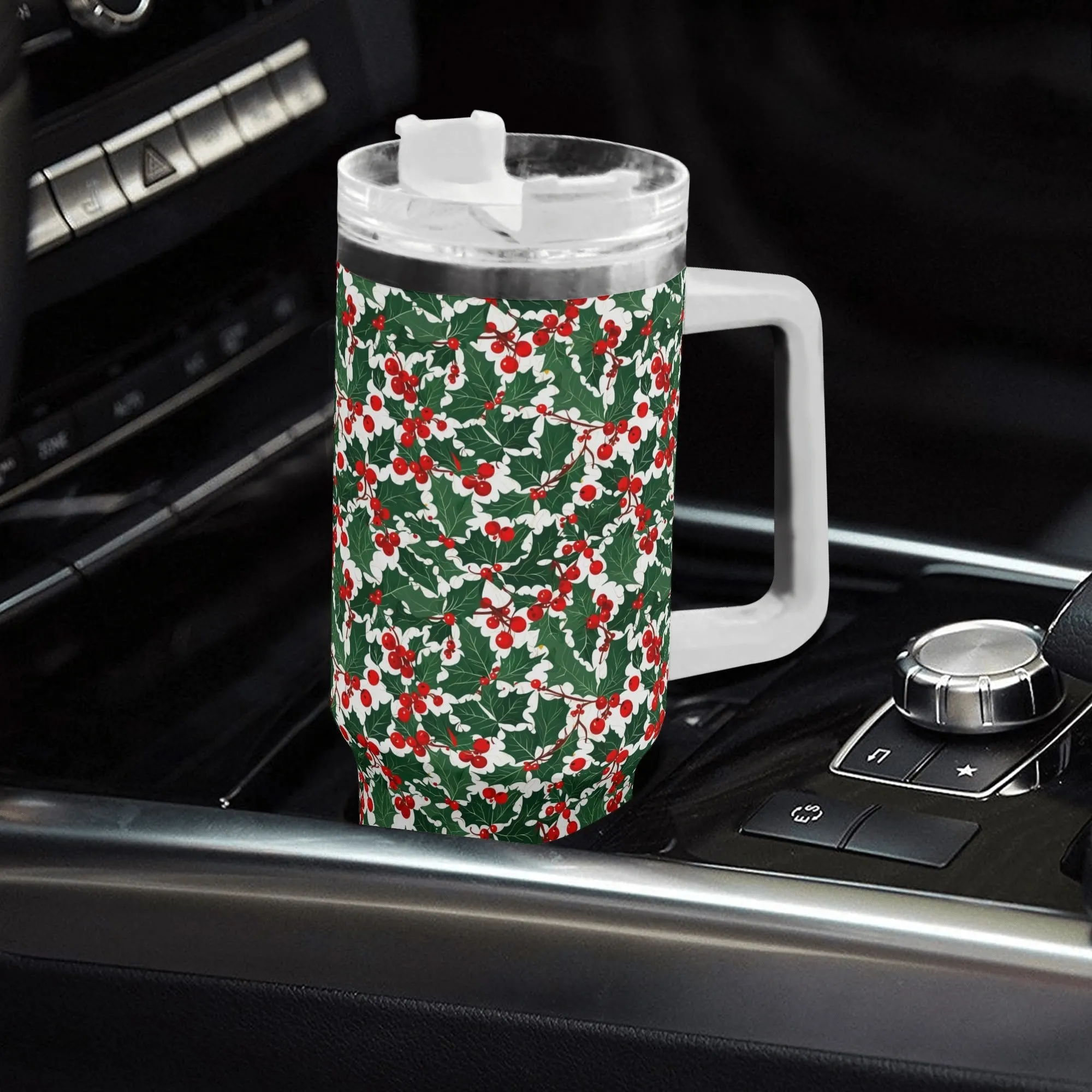 Christmas Holly 40oz Stainless Steel Tumbler Gift With White Handle and Straw