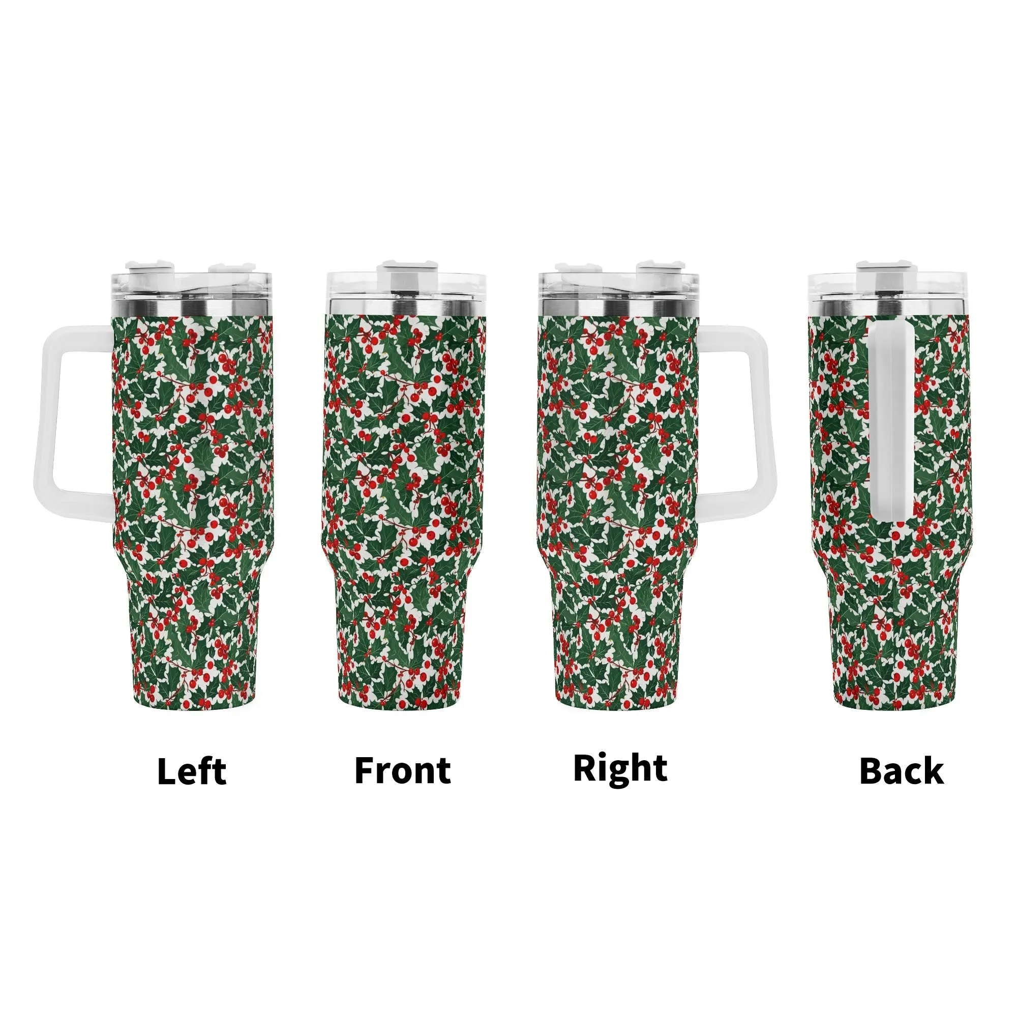 Christmas Holly 40oz Stainless Steel Tumbler Gift With White Handle and Straw