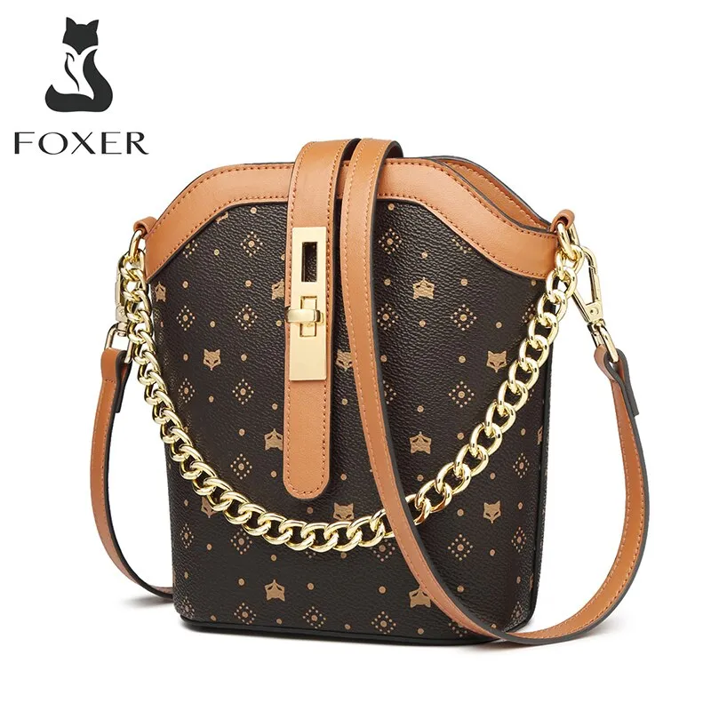 FOXER Brand Monogram Vintage Women Mini Totes PVC Leather Shoulder Bag Ladies Casual Handle Bag Female Designer Cross-body Bag
